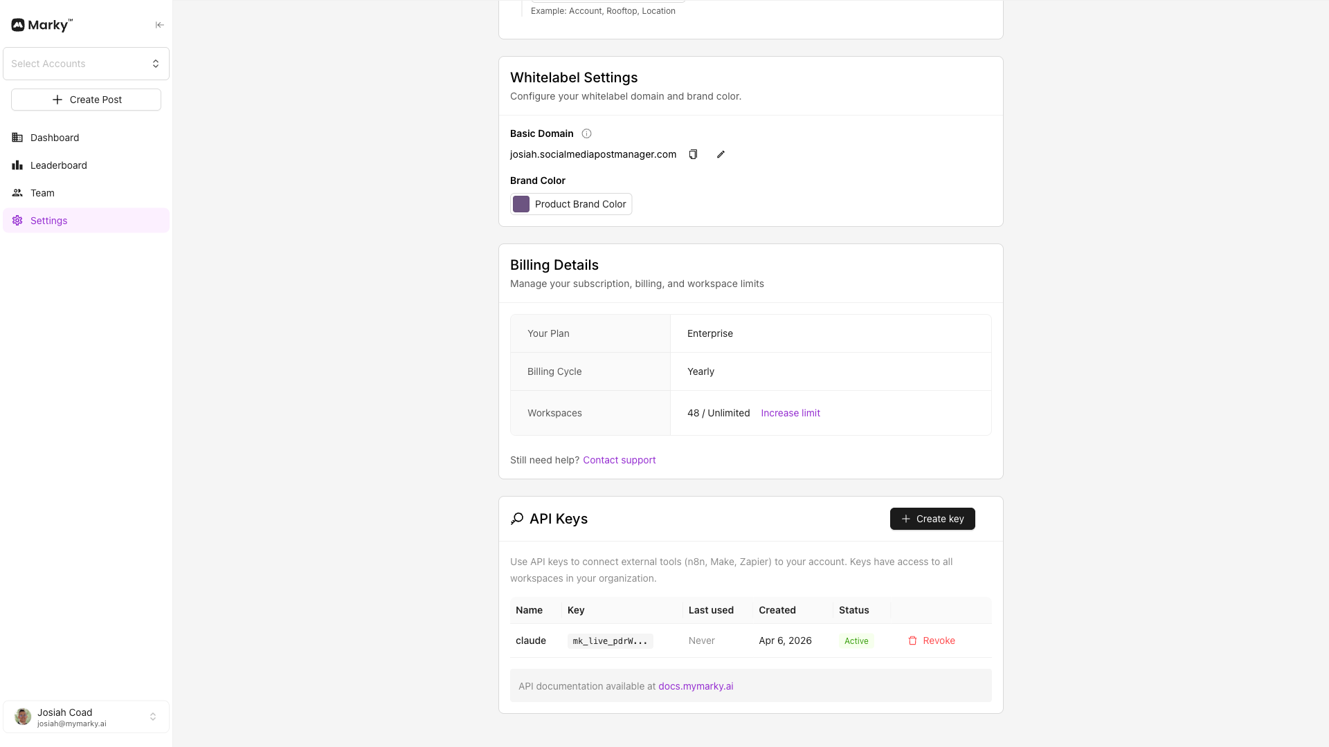 API Keys section in Marky Organization Settings